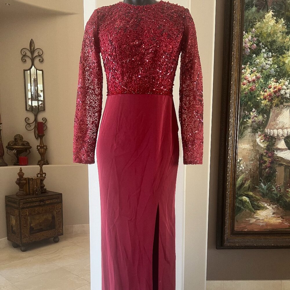 MAC DUGGAL 20340 EMBELLISHED HIGH NECK BODICE FAUX WRAP WINE GOWN sz 2